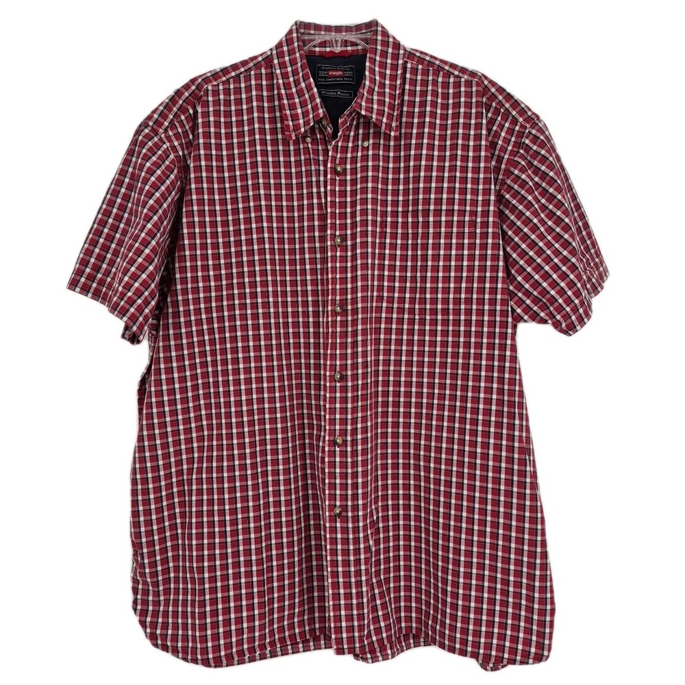 Wrangler Men's Short Sleeve Button Up Shirt Red White Blue Plaid Workwear Sz 2XL